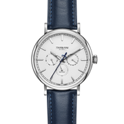 silver watch with white dial