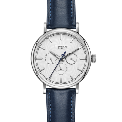 silver watch with white dial