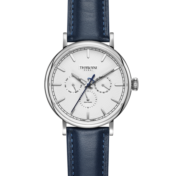 silver watch with white dial