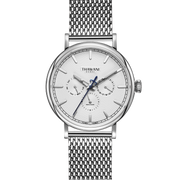 Silver watch with white dial and mesh strap