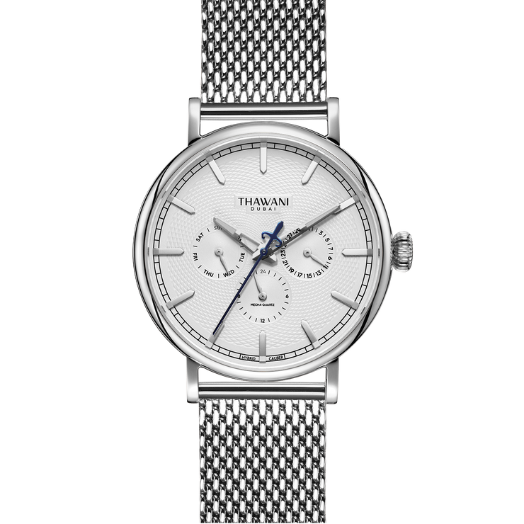 Silver watch with white dial and mesh strap
