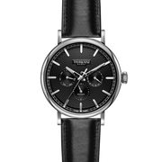 silver watch with black dial