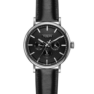 silver watch with black dial