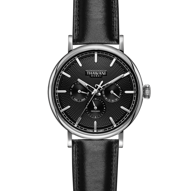 silver watch with black dial
