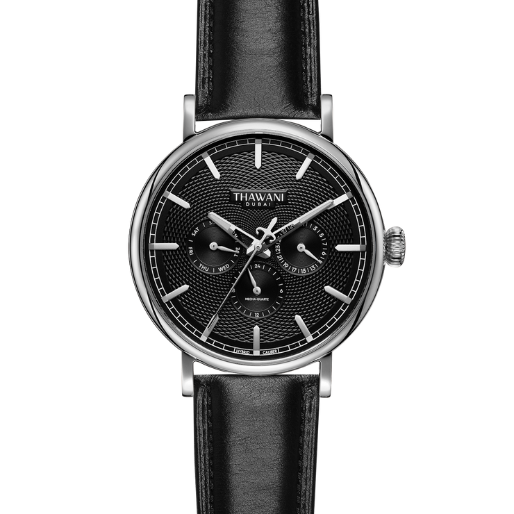 silver watch with black dial