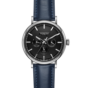 silver watch with black dial and blue strap