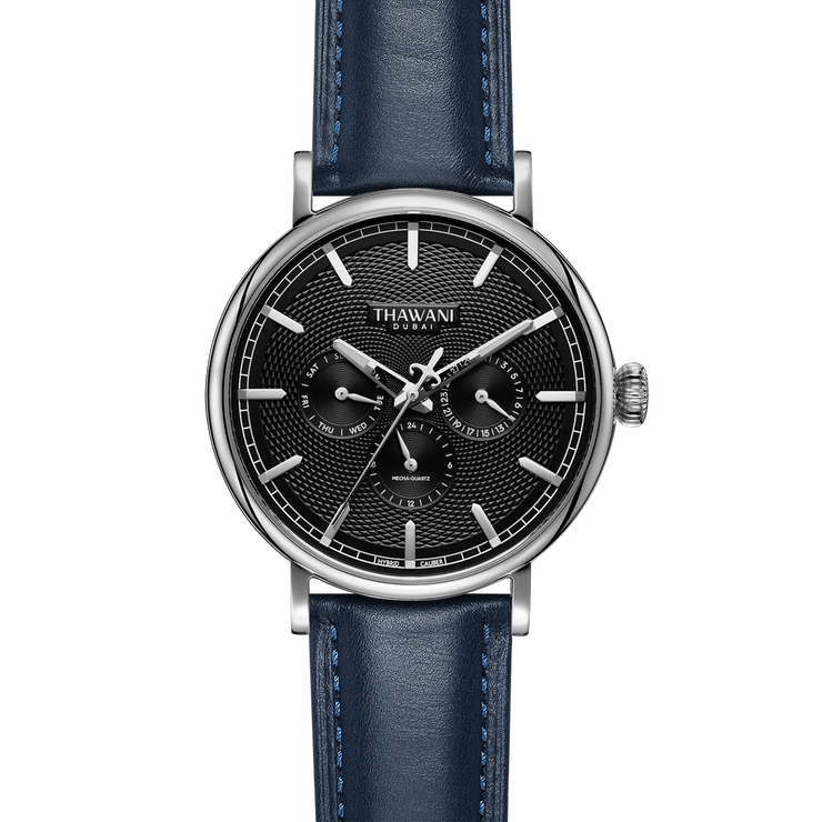 silver watch with black dial and blue strap
