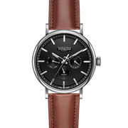 silver watch with black dial and brown strap