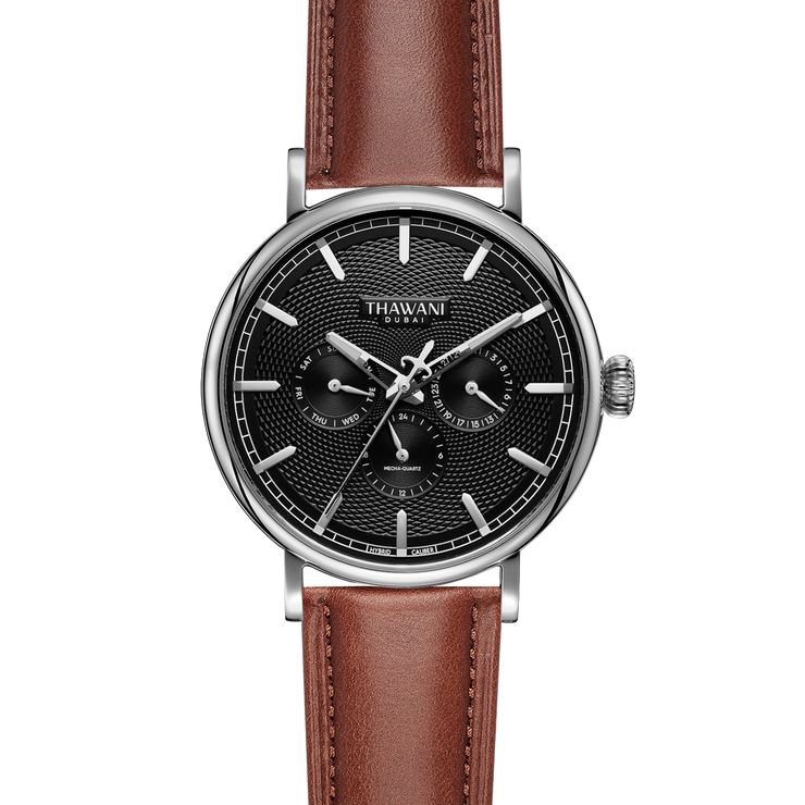 silver watch with black dial and brown strap