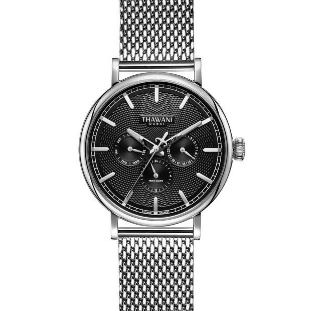 silver watch with black dial and mesh strap