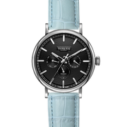 silver watch with black dial and turquoise strap