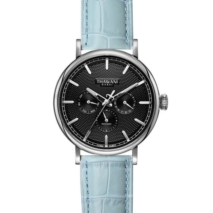 silver watch with black dial and turquoise strap