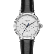 Silver watch with white dial and black strap