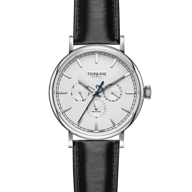 Silver watch with white dial and black strap