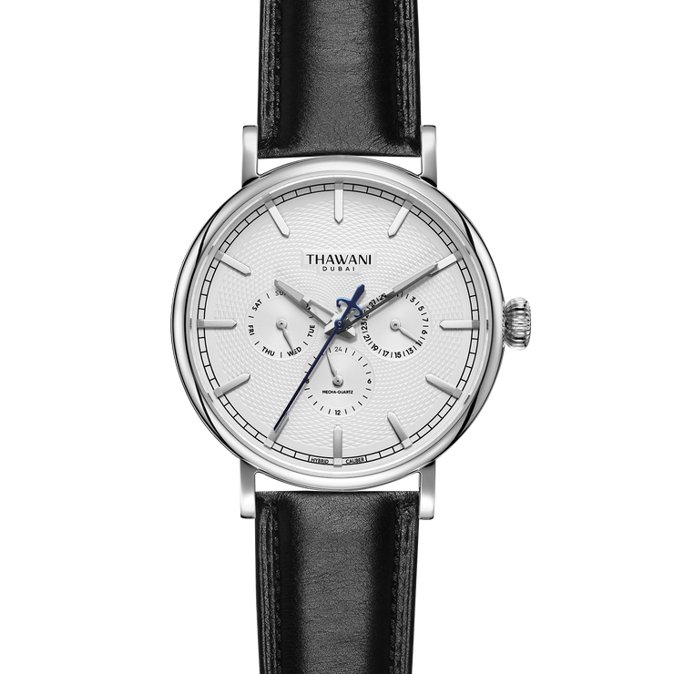 Silver watch with white dial and black strap