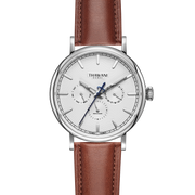 Silver watch with white dial and brown strap