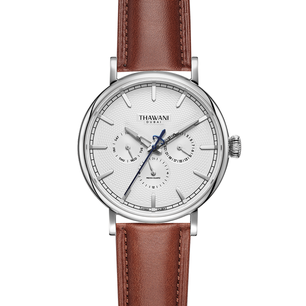 Silver watch with white dial and brown strap