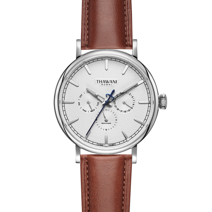 Silver watch with white dial and brown strap