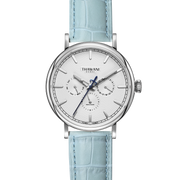 Silver watch with white dial and turquoise strap