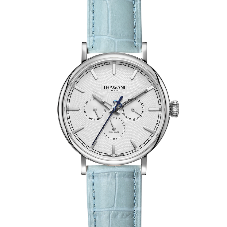 Silver watch with white dial and turquoise strap
